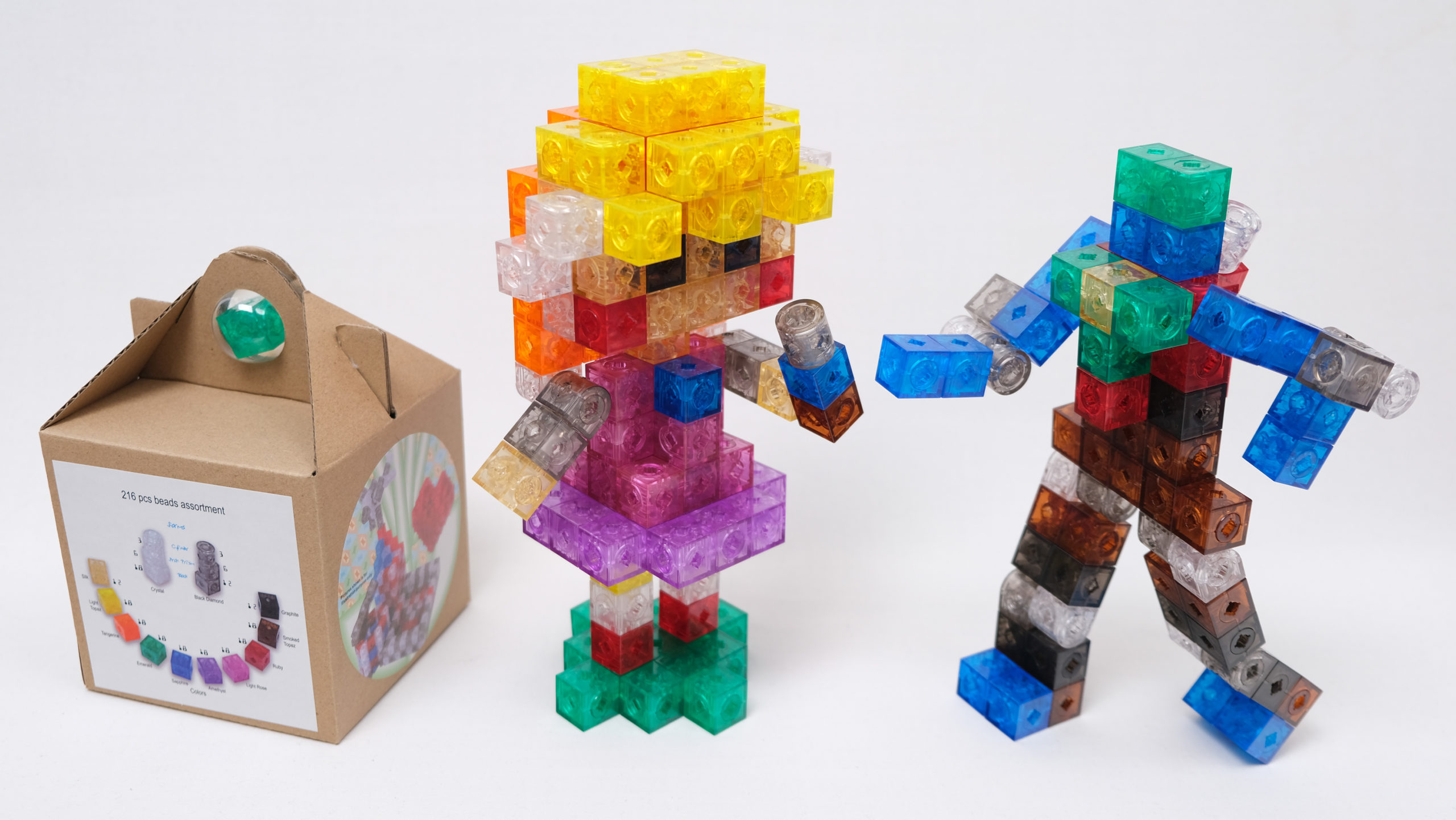 Assembled examples : Girl? fighting with full joint robot? used all building beads of small package (216 pcs)
