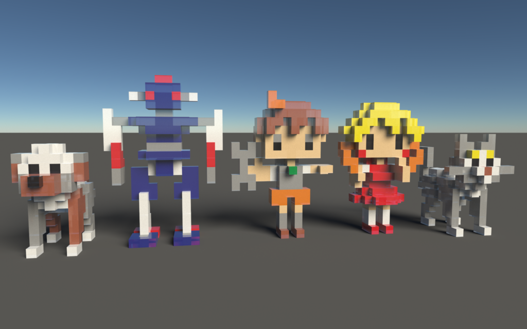 Five complex characters designed by PC free software MagicaVoxel