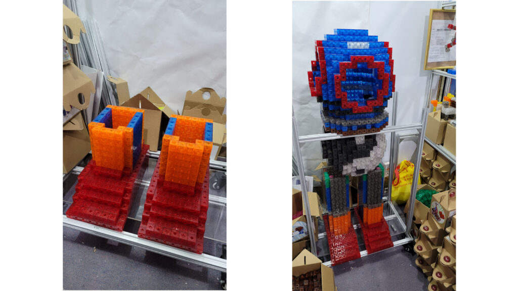 Sculpture King of Metaverse - hollow foot (left) and assembly weight pressure testing (right)